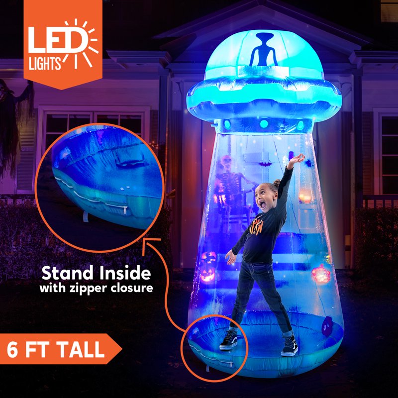 6 FT Halloween Inflatable UFO Alien Decoration with Built-in LEDs Outdoor Yard Lawn Halloween Decor - Joyfy
