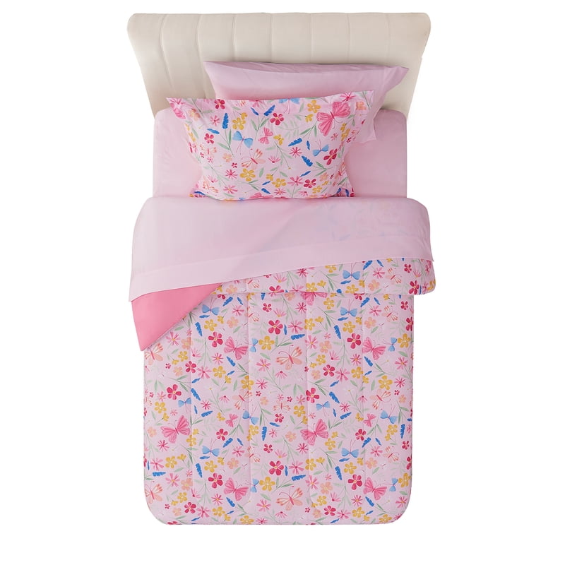 Twin Bed-in-a-Bag Set with Pink Wildflower Floral Pattern - Your Zone, 5 Pieces, Reversible