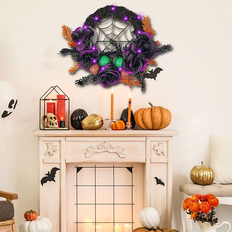 Halloween Purple LED Wreath for Front Door - 17.7 Inch Artificial Decor
