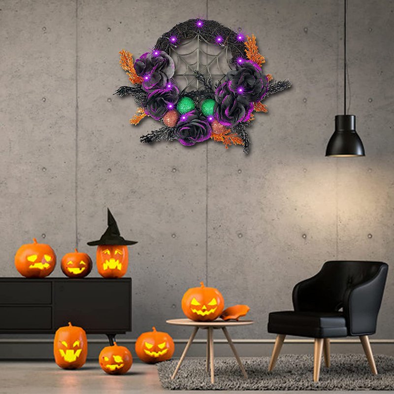 Halloween Purple LED Wreath for Front Door - 17.7 Inch Artificial Decor