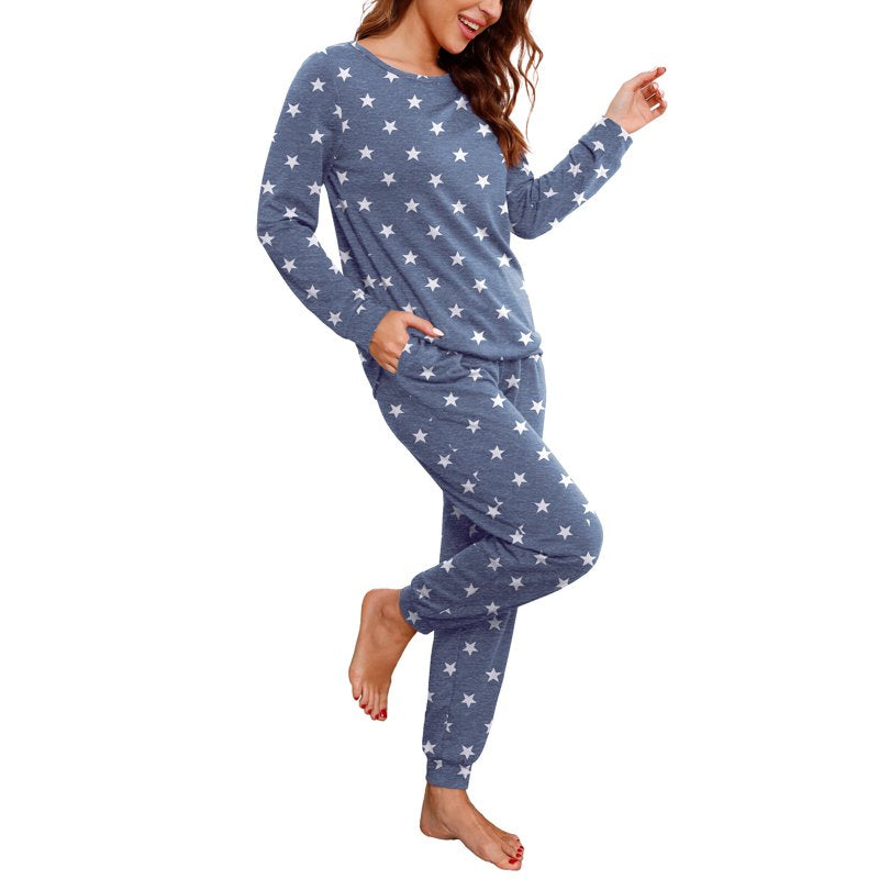 Women’s Pajama Set Long Sleeve Sleepwear Lounge Set with Pockets - Blue Star, M