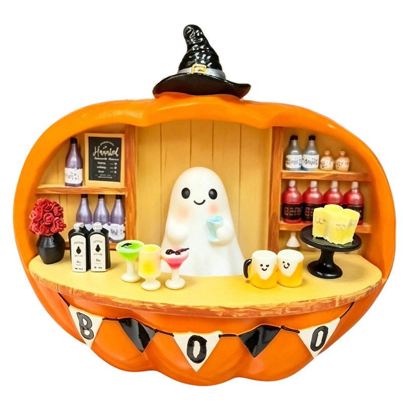 Halloween Ghost and Pumpkin Bar Scene Figurine with Lighted Mini Bar - K Variation