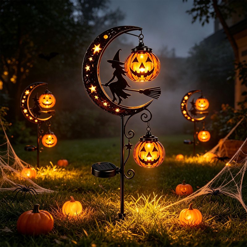 Solar Halloween Pumpkin & Moon Garden Stake Lights - Waterproof Metal Yard Decor - J