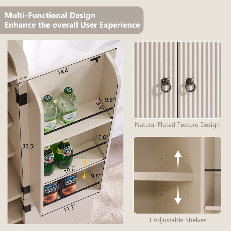 Modern Arched Pantry Storage Cabinet - Cream & Fluted Wood, 71"