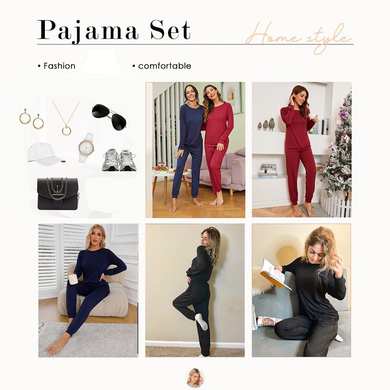 MINTREUS Womens Pajama Set Black Medium Long Sleeve Lounge Sleepwear with Pockets