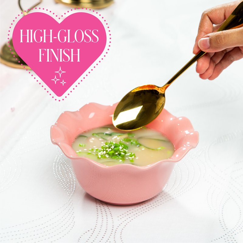Ceramic Soup Bowl - 6.25-Inch Rose Pink with Scalloped Ruffle Rim