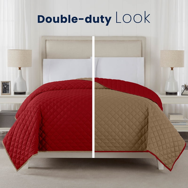 Reversible Microfiber King Coverlet - Khaki/Red Lightweight Bedding