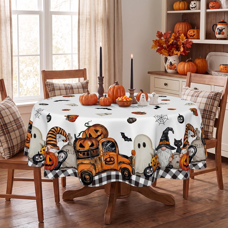 60-Inch Round Halloween Tablecloth Ghost Pumpkin Bat Buffalo Plaid Wrinkle-Resistant & Machine Washable