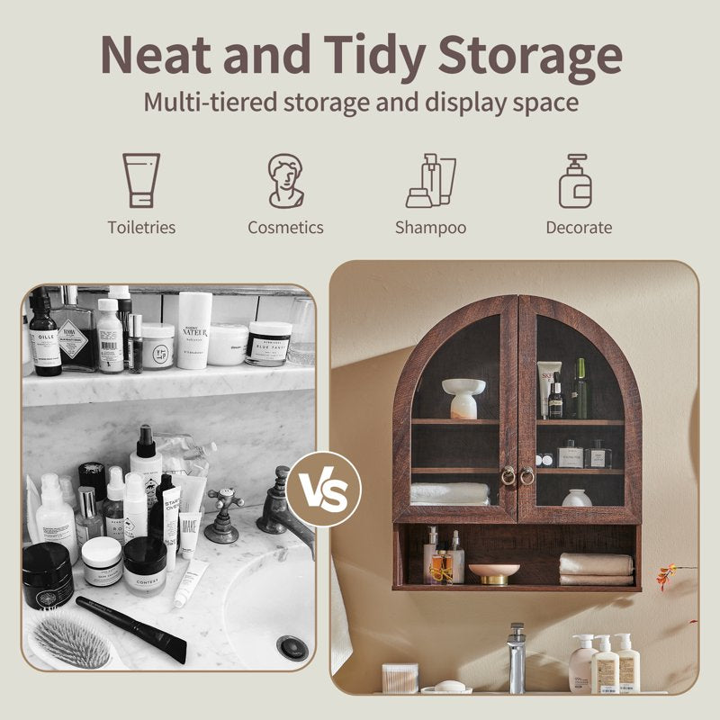 SinCiDo Brown Bathroom Medicine Cabinet with Arched Glass Doors & Adjustable Shelves - Over Toilet Wall Storage