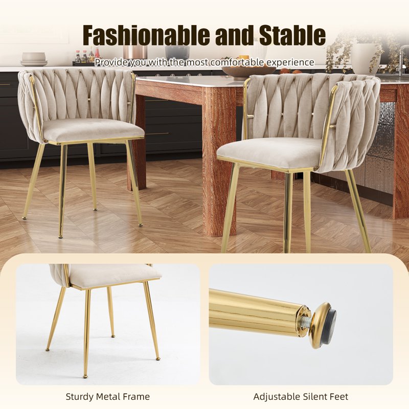 Velvet Dining Chairs Set of 2 - Beige with Metal Legs