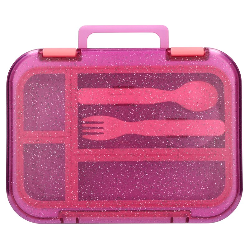 Kids Bento Box with 4 Compartments, Fork & Spoon - Pink Glitter