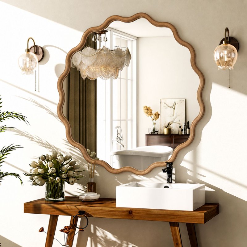 Wavy 30x30 Inch Bathroom Wall Mirror with Natural Wood Frame - Easy4Home