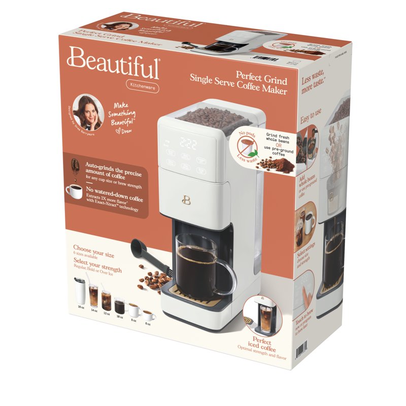 Programmable Single-Serve Coffee Maker with Built-In Grinder - White Icing