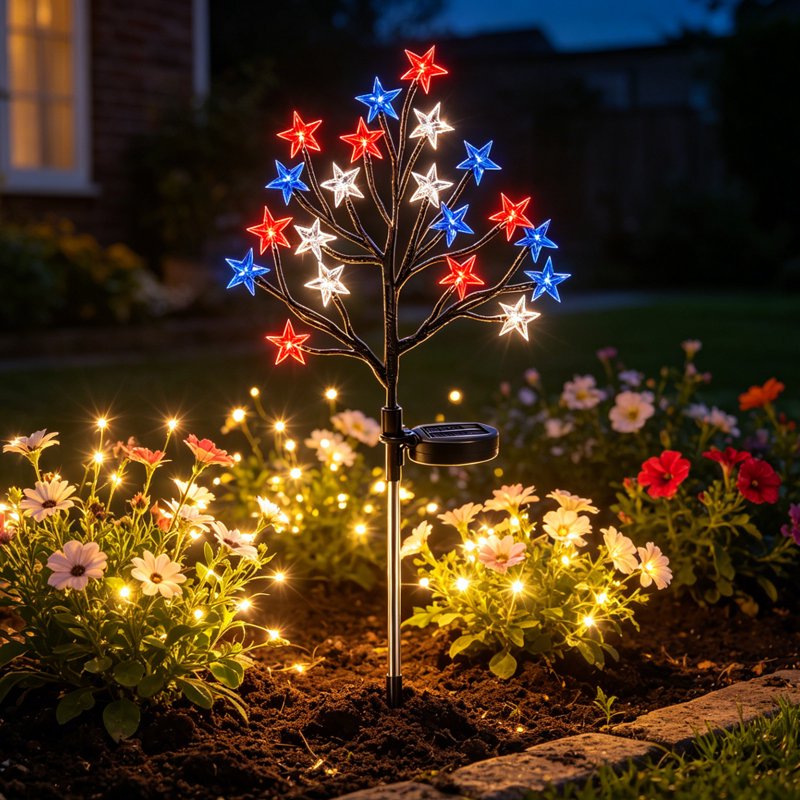 Patriotic Solar Garden Lights - 2 Pack 4th of July Red White Blue Star Outdoor Decor G