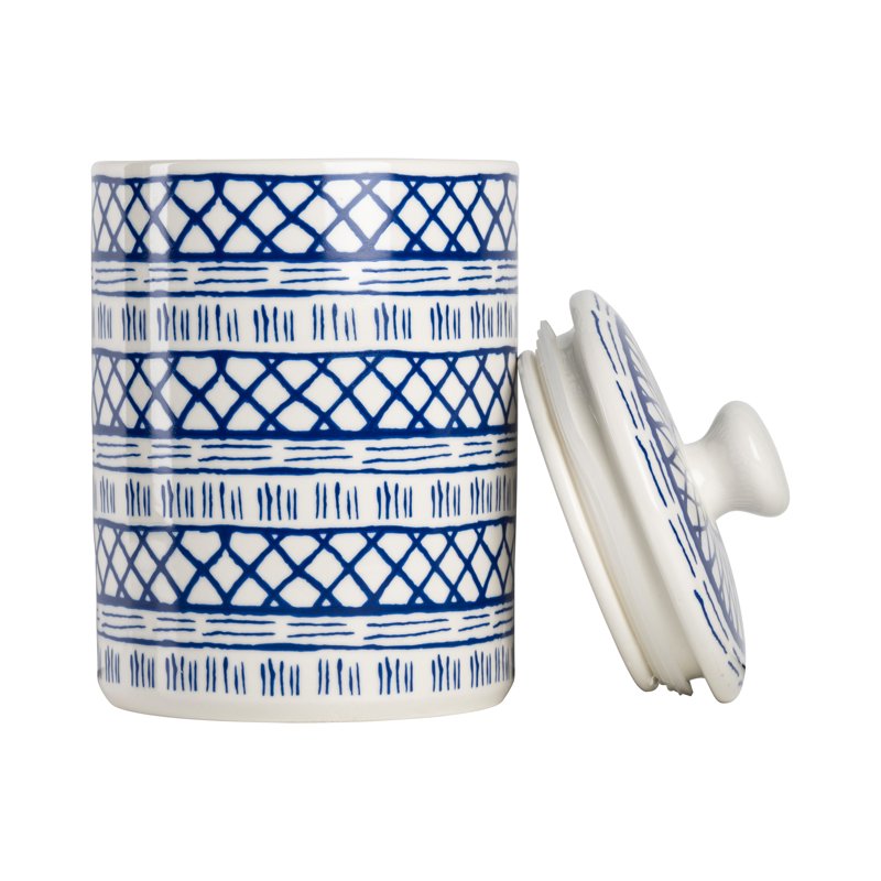 Ceramic Canister Set - 3 Pieces with Bamboo Lids - White & Blue