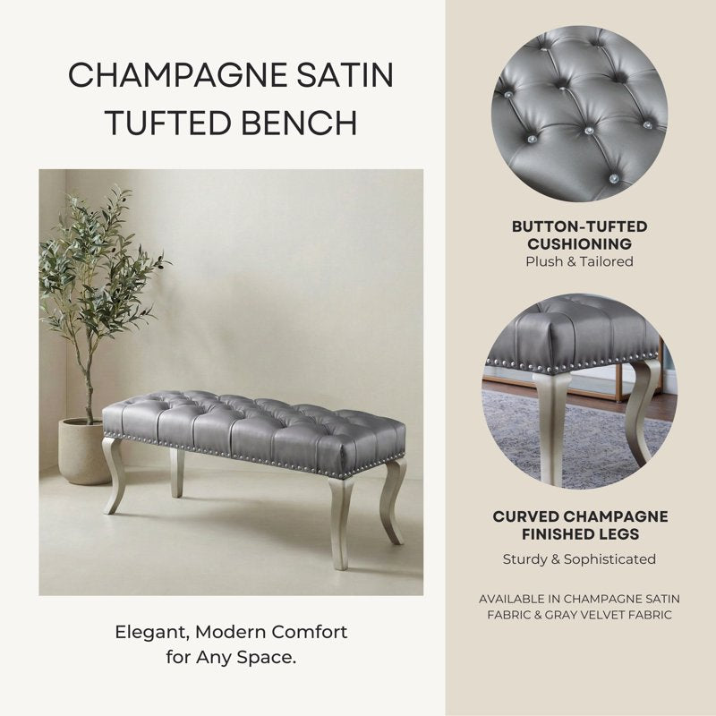 Upholstered Bench with Nailhead Trim - Champagne Fabric
