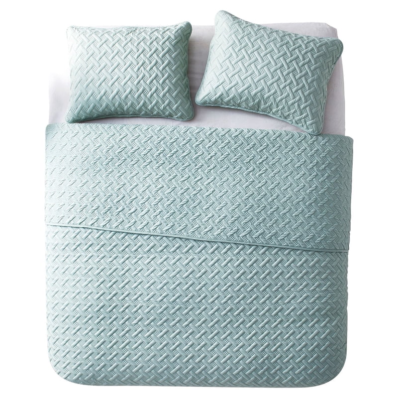 Full/Queen Blue Geometric Quilt Set - Microfiber Bed Cover with Sham