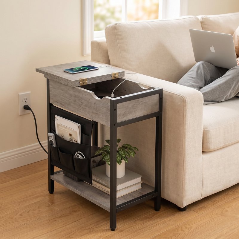 Industrial Side Table with Charging Station & Fabric Storage - Greige