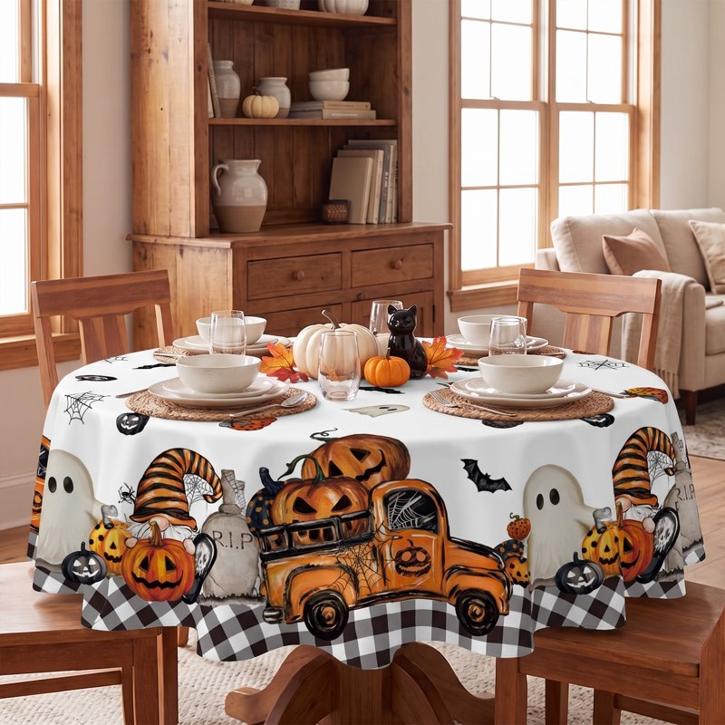 60-Inch Round Halloween Tablecloth Ghost Pumpkin Bat Buffalo Plaid Wrinkle-Resistant & Machine Washable