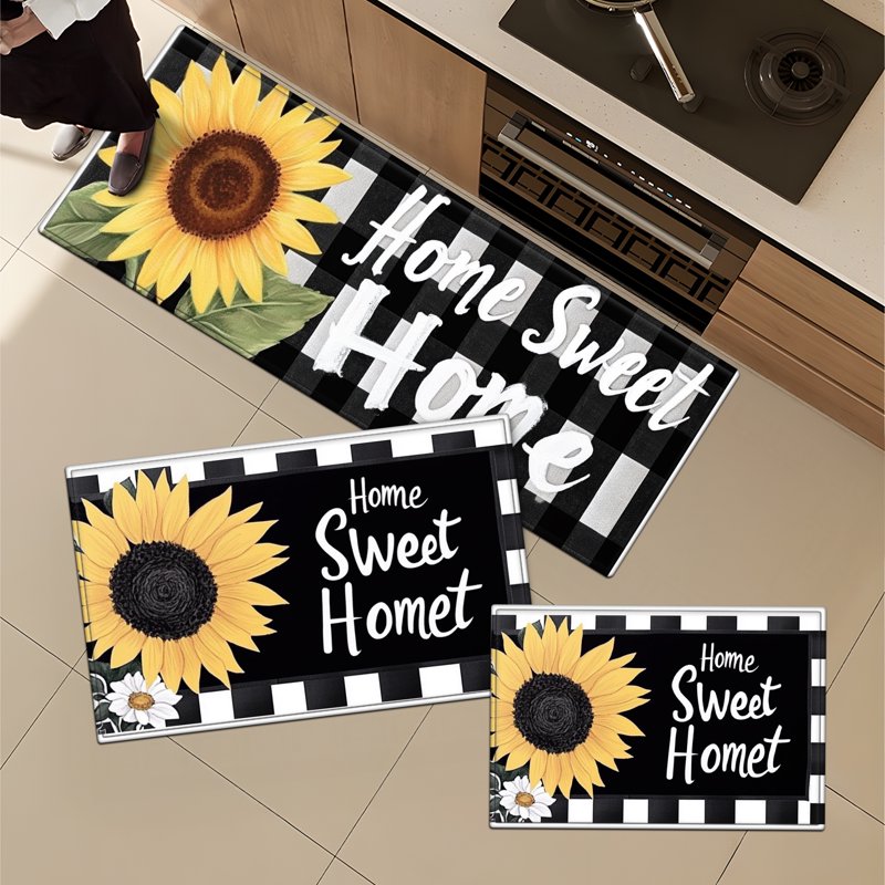 YIMEIS Washable Flannel Kitchen & Door Rugs Set - Sunflower Black & White Grid, 3 Sizes