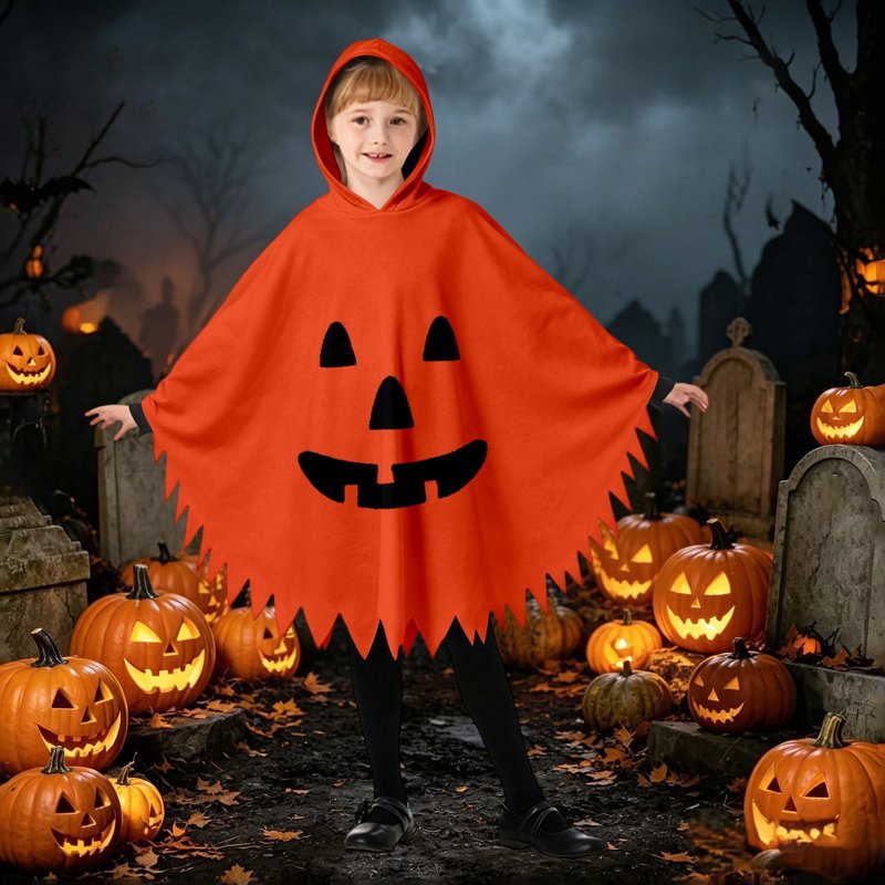 Kids Halloween Costumes Unisex Hooded Pumpkin Cape - Orange, 7-9 Years