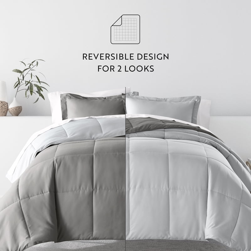 Queen Reversible Comforter and Patterned Sheet Set Bedding Bundle - Gray