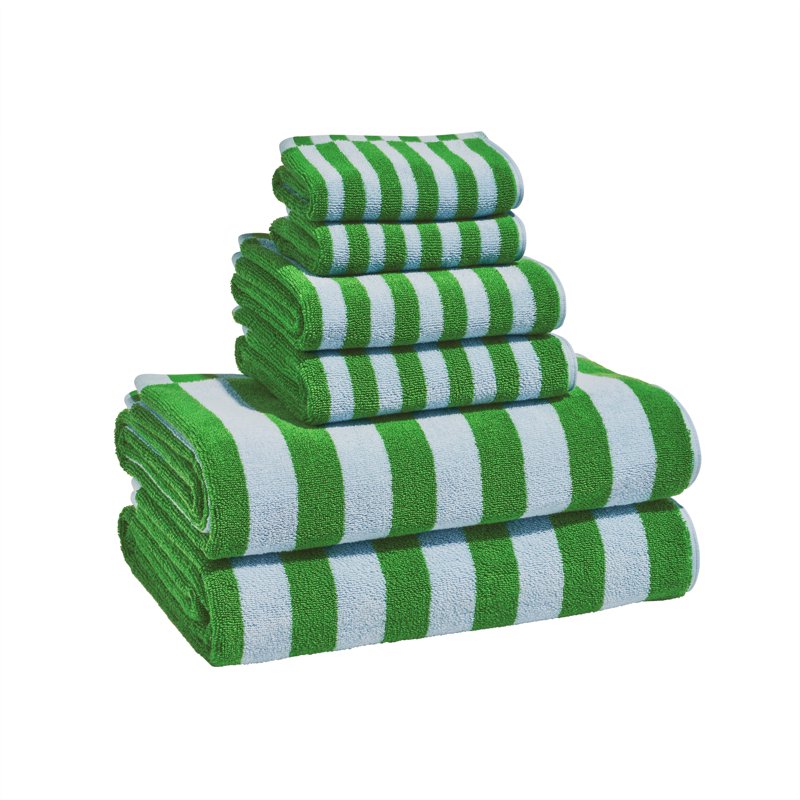 Bath Towel Set 6-Piece Cotton Towels with Stripe Hem - Green