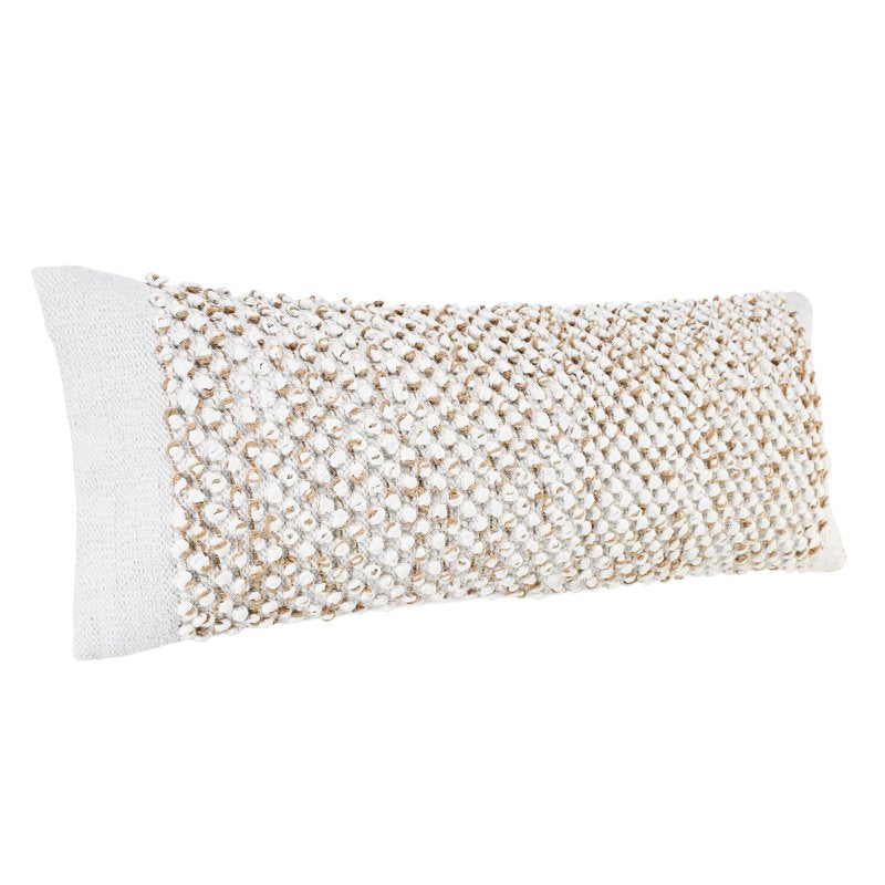 Laddha Home Designs Handwoven Bobble Lumbar Pillow Cover 36 Inches - White & Beige, Cover Only
