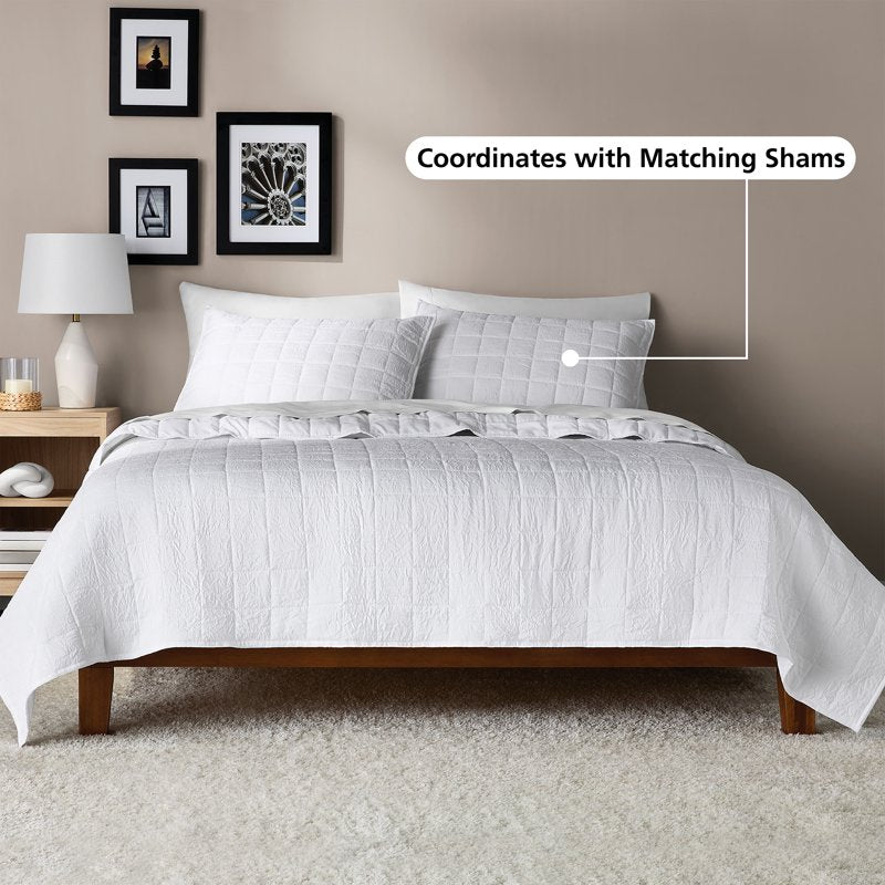 Twin/XL Crinkle Quilt - White Microfiber Bedding, Lightweight & Machine Washable