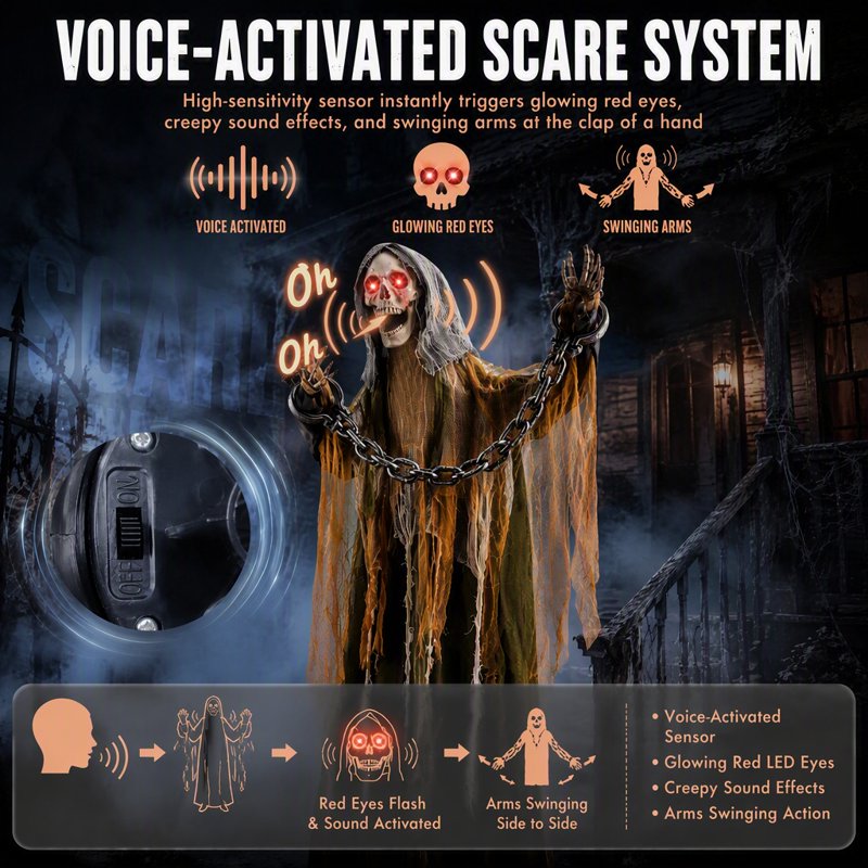 Weswose 6 Ft Animated Skeleton Prop - Black, Touch & Sound Activated Halloween Decor