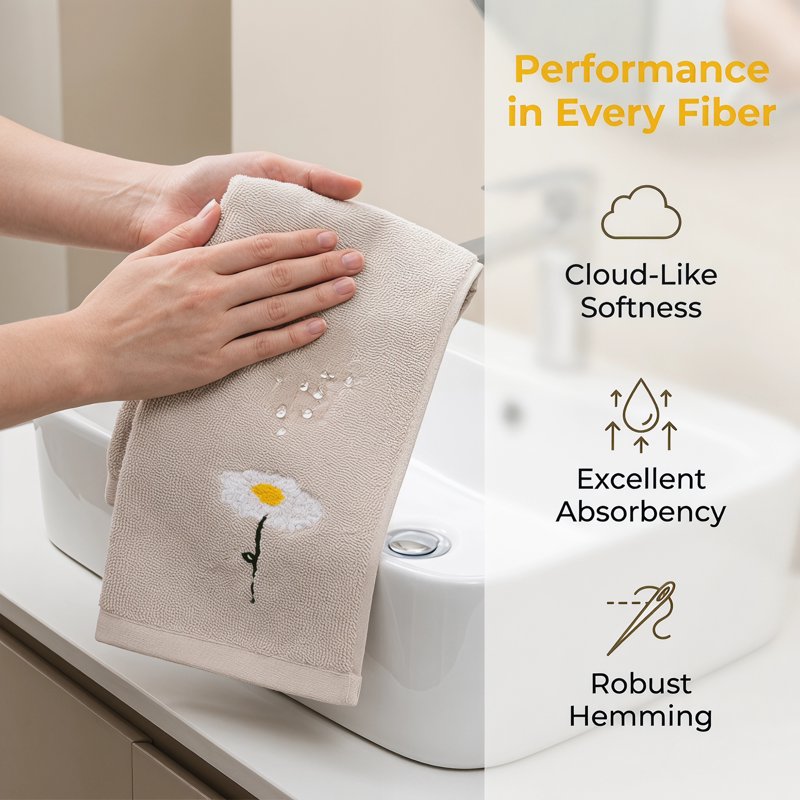 Cotton Hand Towels Set - Floral Embroidered, Soft Absorbent, 13x30 Inch, Light Brown, 2-Pack