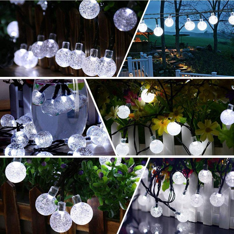 4.85M Solar Crystal Ball String Lights Waterproof LED Bubble Globe Fairy Lights - 8 Modes, White