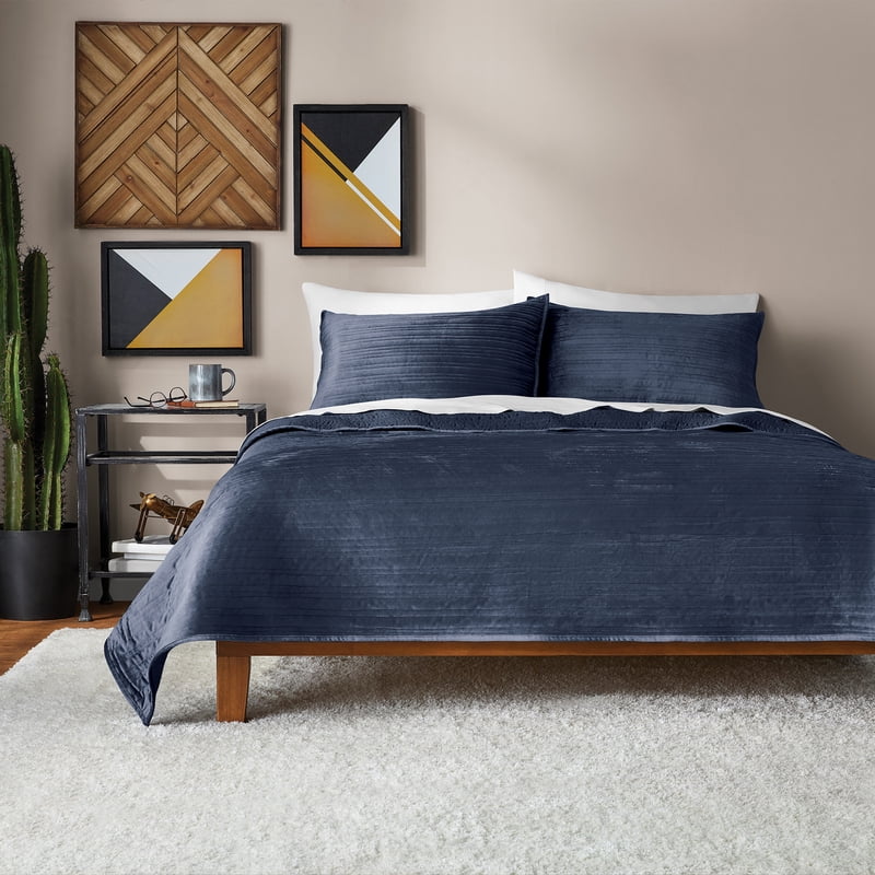 Mainstays Full/Queen Velvet Stripe Quilt - Dark Blue, Soft Microfiber Bedding
