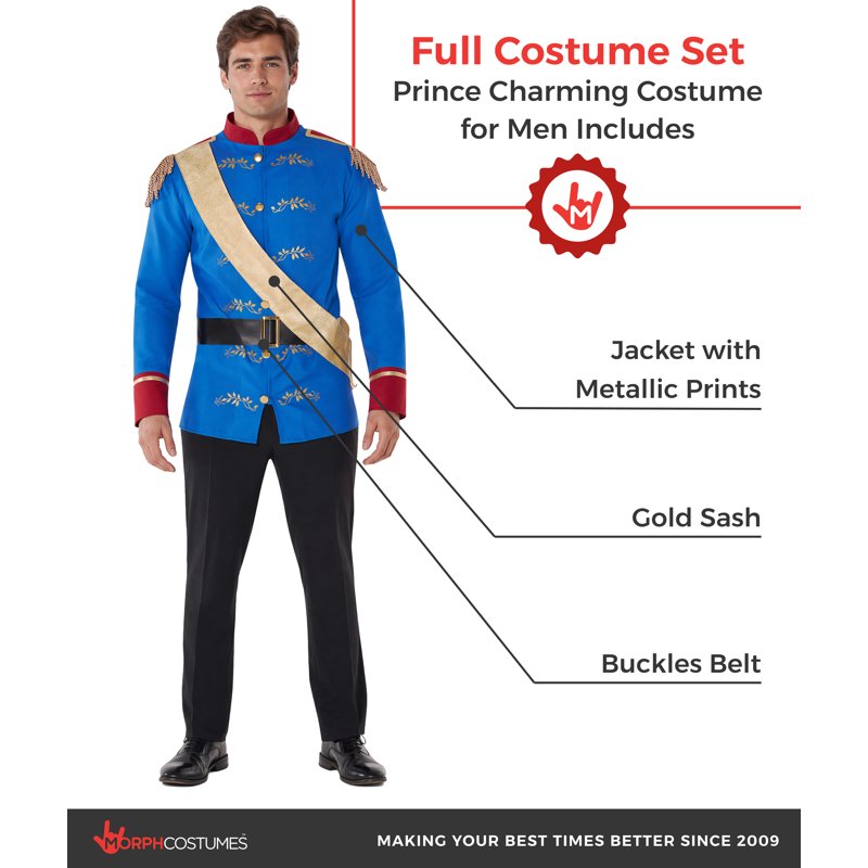 Men's Prince Charming Costume with Jacket, Sash & Belt - Royal Blue & Gold