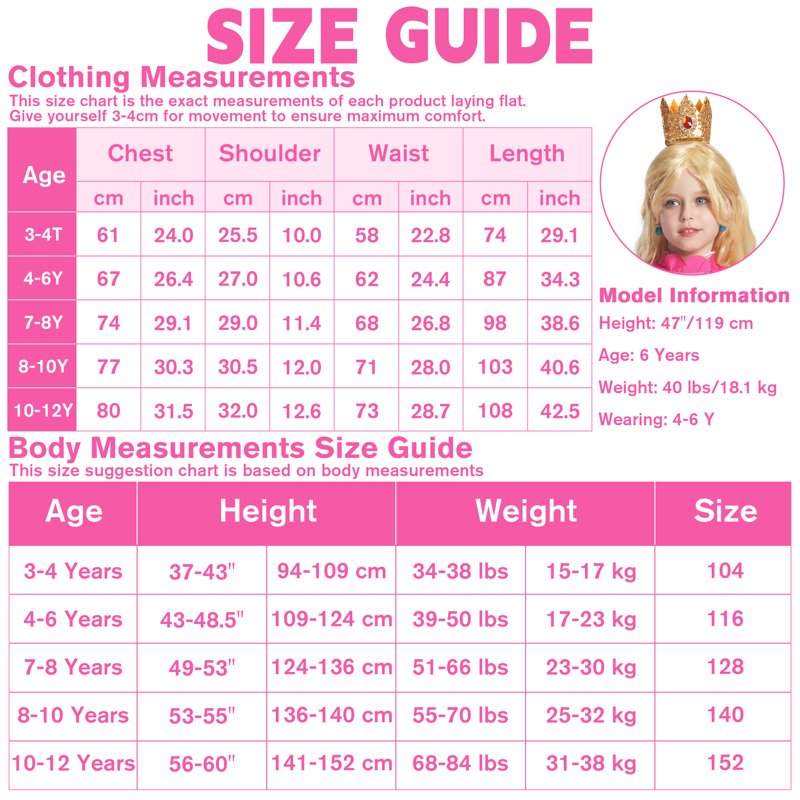 Kids Princess Dress with Accessories Wig - 3-4 Years Pink Costume Set for Girls