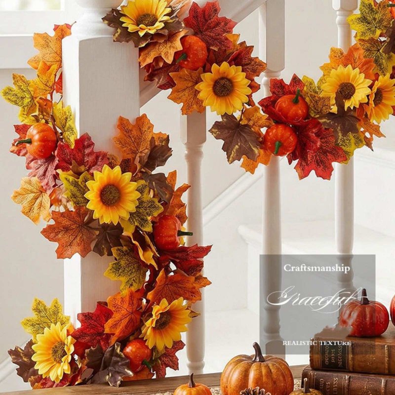 Halloween Fall Maple Leaf Garland with Sunflower for Thanksgiving Decor - Halloween Decor P-C