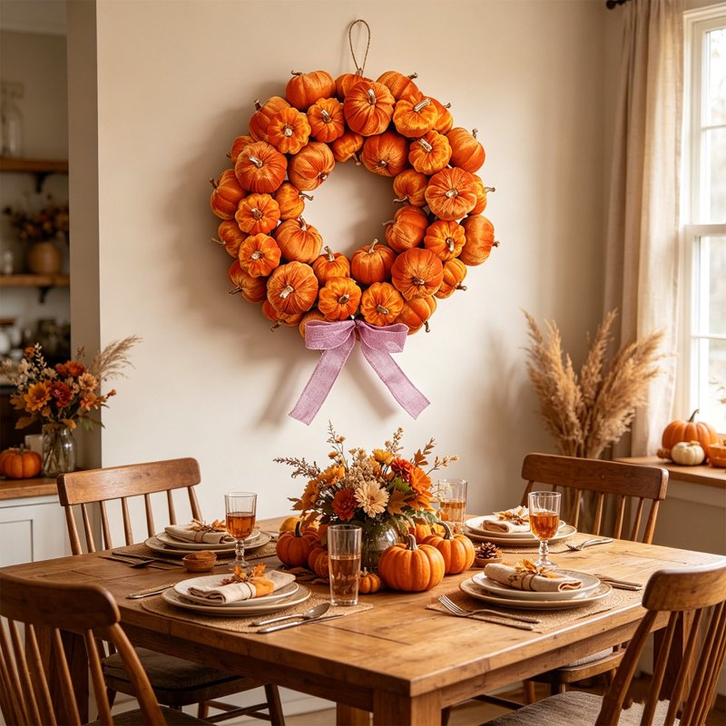 Artificial Fall Pumpkin Wreath with Bow - Orange Harvest Front Door Decor