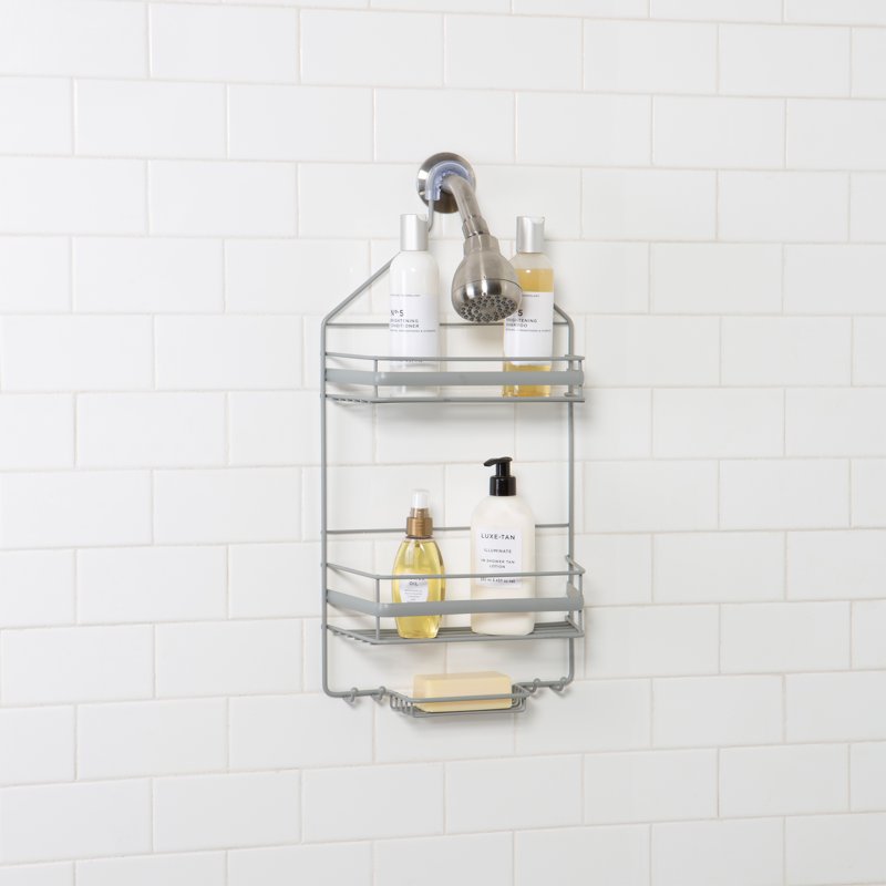 Gray Shower Caddy with 2 Shelves and Hooks - Over-the-Shower Head Storage Organizer
