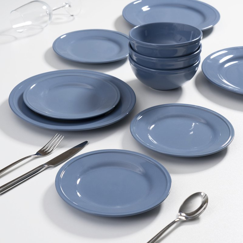 12-Piece Stoneware Dinnerware Set - Blue Corduroy, Ribbed