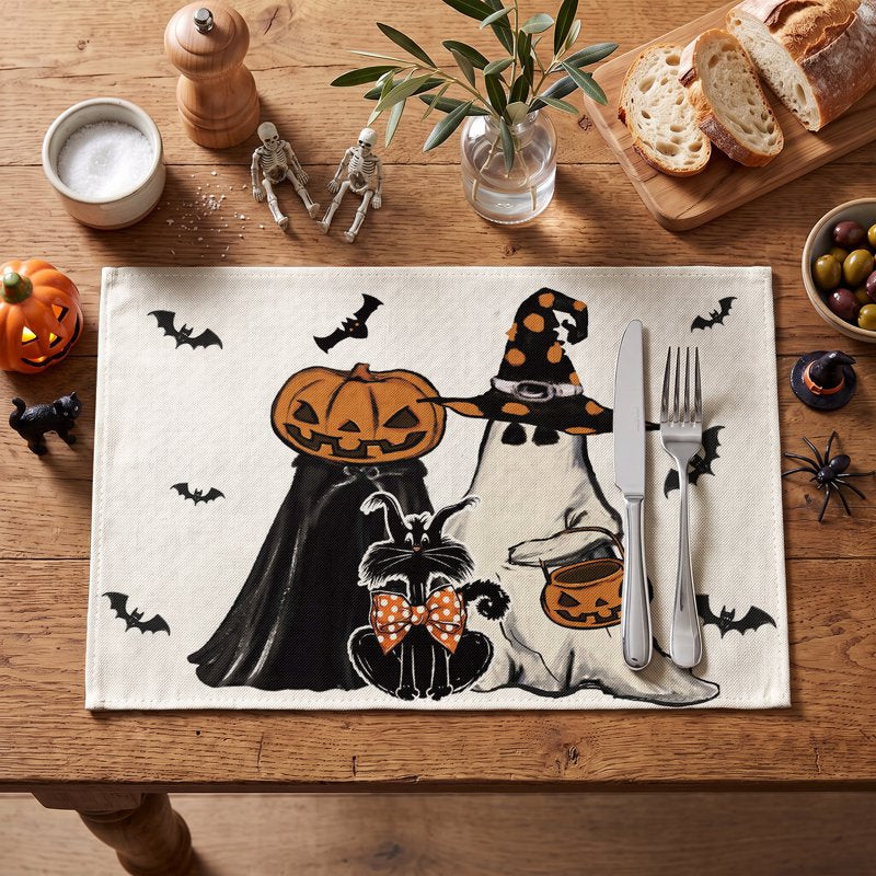 Halloween Ghost Jack-O'-Lantern Black Cat Placemats Set of 4 12x18 Inch Home Decor