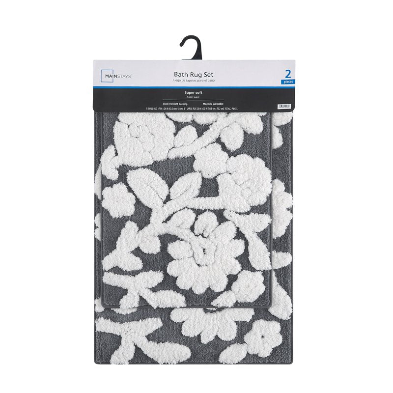 Grey Floral Bath Rug Set - 2 Piece Bathroom Mat Set, 17 x 24 & 20 x 30