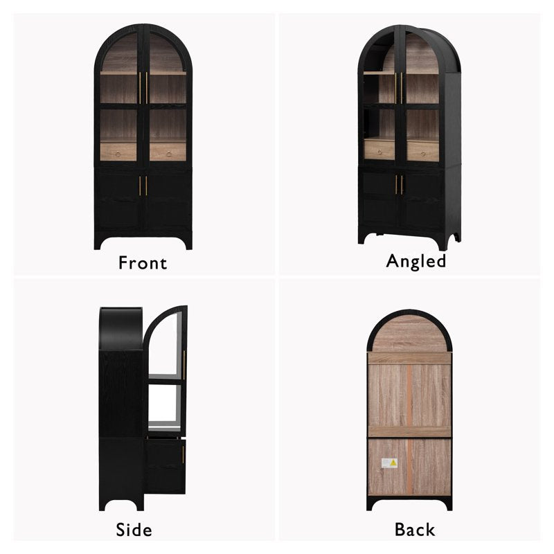 Arched Kitchen Pantry Cabinet with Soft-Close Doors - Black Glass-Enclosed Top Shelf