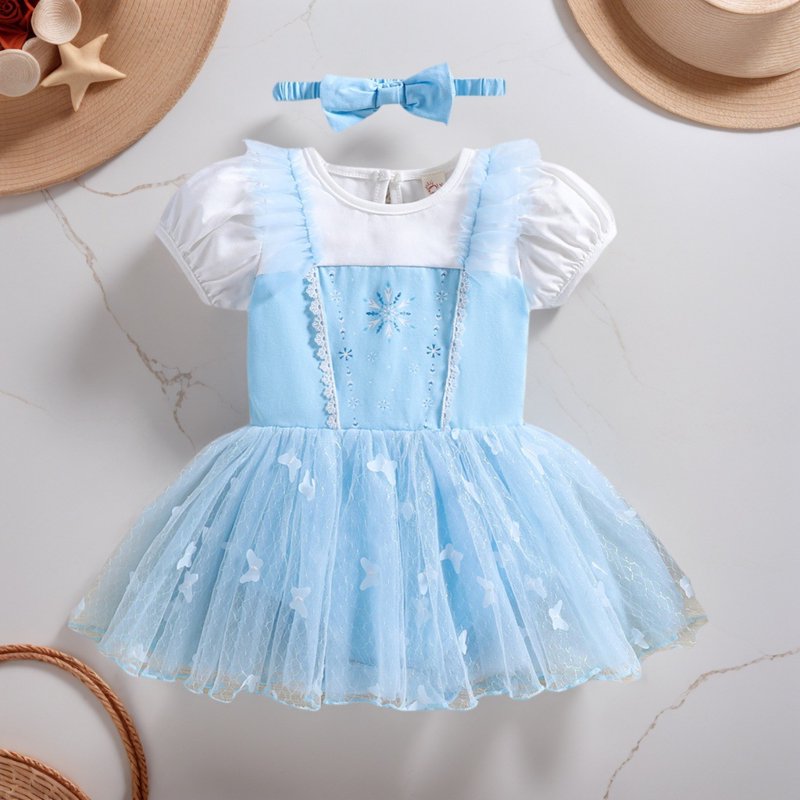 Blue White Stitching Baby Girl Princess Dress & Headband Set 6-12 Months