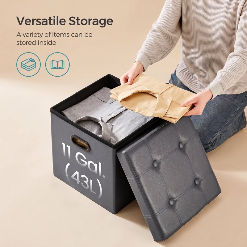 15-Inch Storage Ottoman - Dark Gray Synthetic Leather