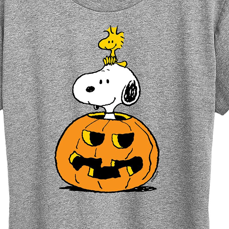 Heather Grey Peanuts Snoopy Woodstock Pumpkin Women's Short Sleeve T-Shirt