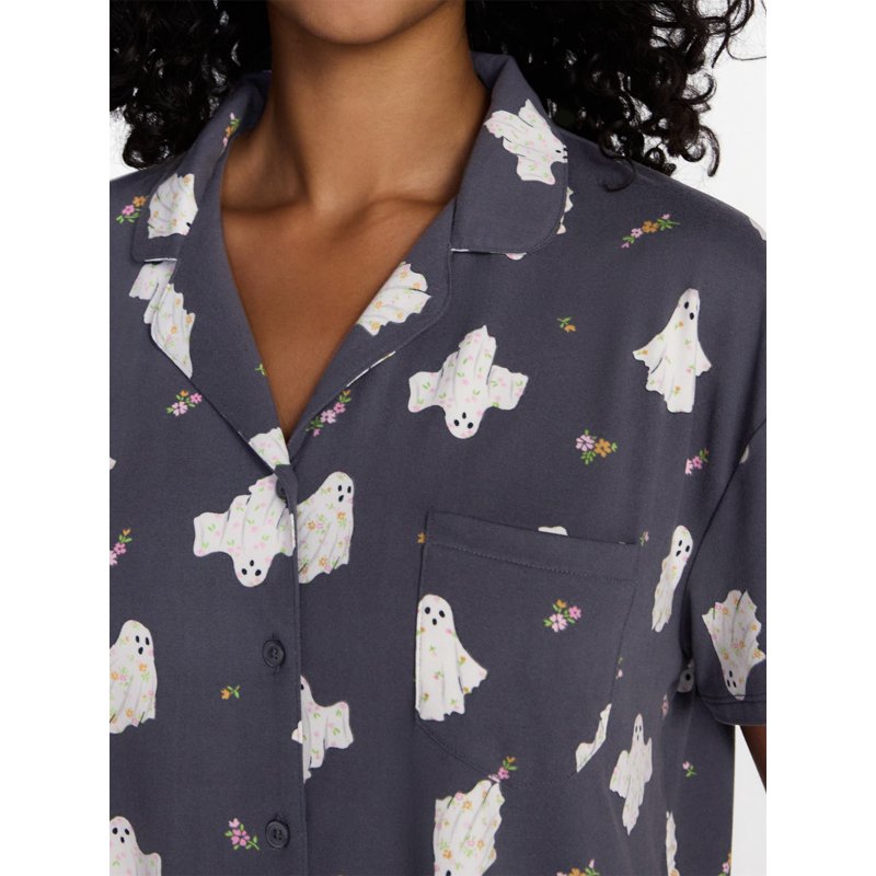 Halloween Women's Notched Top & Shorts Pajama Set Gray Lead 2X - Cozy Sleepwear
