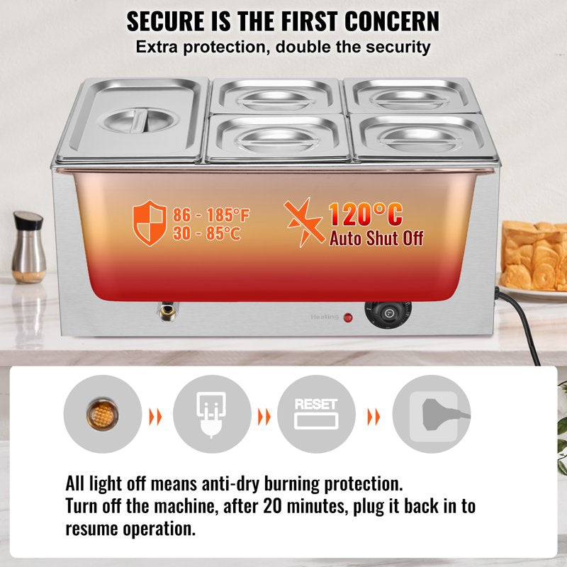 24QT Electric Food Warmer - 5-Pan Stainless Steel Buffet Bain Marie