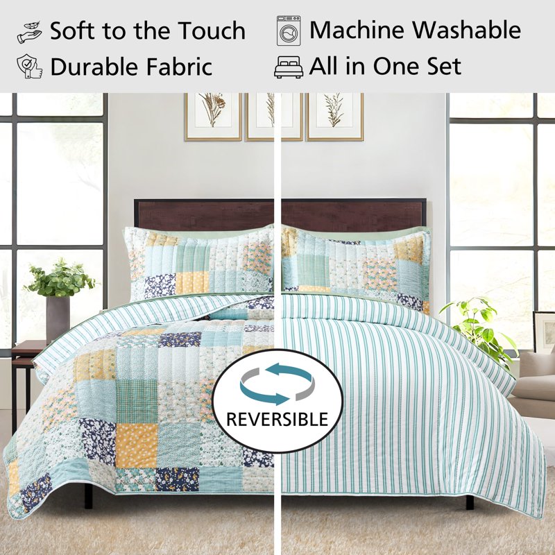 King Patchwork Quilt and Sheet Set - Lightweight All-in-One Bedding, 7 Pieces