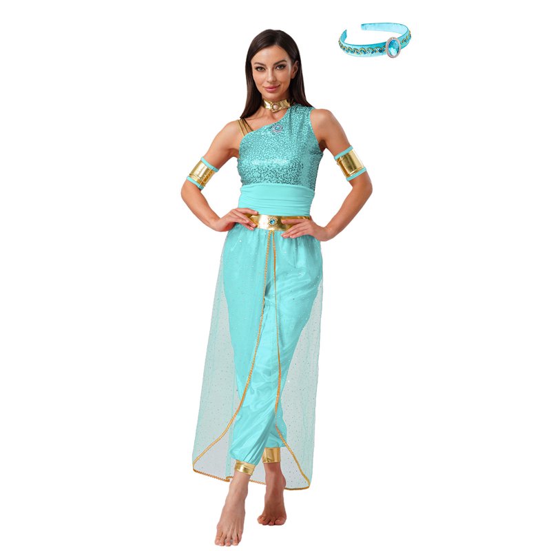 Women's Princess Cosplay Jumpsuit Belly Dance Costume with Headwear - Mint Green XXL