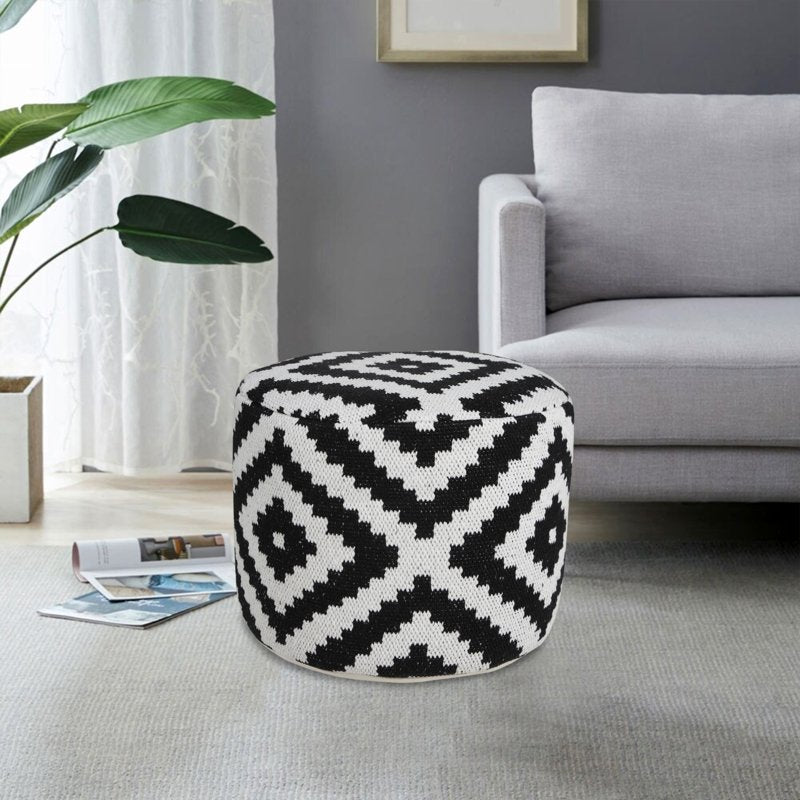 Small Indoor Diamond Pouf Ottoman - Black and White, 18x18x14 Inches - Home Decor